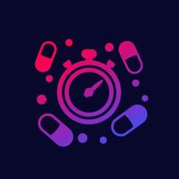 icono de tiempo de medicación con pastillas, vector