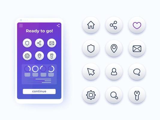 Basic line icons set for mobile apps, smart phone mockup