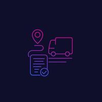 delivery service icon, transport van and destination, linear vector