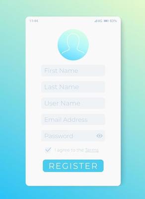 Register form, mobile interface vector design