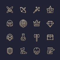 Game line icons set, RPG ui, fantasy, knight, magic wand, swords, bow, castle, helmet, armor vector