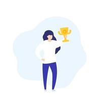 girl with trophy cup, award, vector character