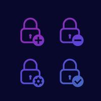 Lock with add sign, minus, gear and tick, security icons vector