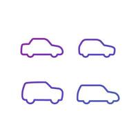 sedán, hatchback, suv y minivan, iconos de líneas de coches en blanco vector