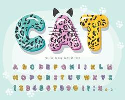 Cute animal cartoon font for kids. Funny leopard, jaguar, cheetah skin alphabet. Vector