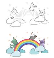 Adorable cats are enjoying the rainbow cartoon coloring page for kids