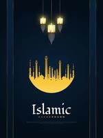 Islamic Background with Gold Arabic Lanterns and Mosque on Blue Paper Cut Background for Ramadan or Eid Greeting card, Banner or Poster vector