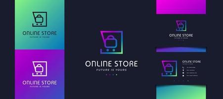Plantilla de diseño de logotipo de tienda online con concepto moderno y futurista en degradado colorido vector