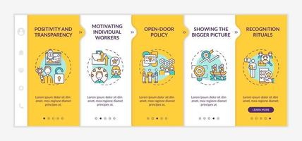 Strategies of staff motivation onboarding vector template.