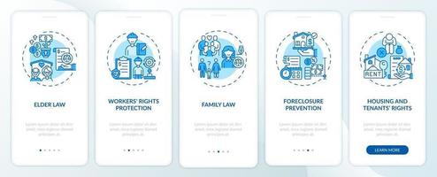 Legal services types onboarding mobile app page screen with concepts vector