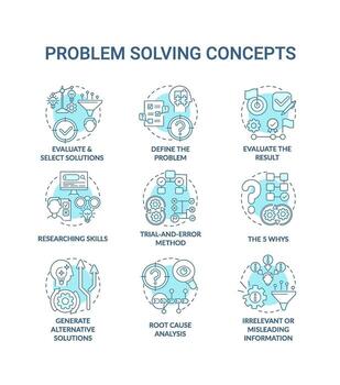 Conjunto de iconos de concepto azul de resolución de problemas vector
