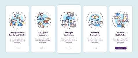Legal services types onboarding mobile app page screen with concepts vector