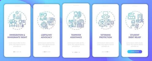 Legal services types onboarding mobile app page screen with concepts vector