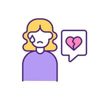 Broken hearted woman crying RGB color icon. vector