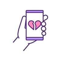 Broken heart on mobile screen RGB color icon. vector