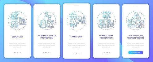 Legal services types onboarding mobile app page screen with concepts vector