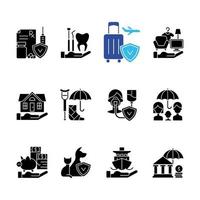 Insurance and protection black glyph icons set on white space vector