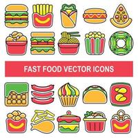 Fast food vector icons in filled outline design style.