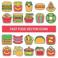 Fast food vector icons in filled outline design style.