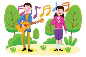 Couple singing and playing the guitar at the park vector