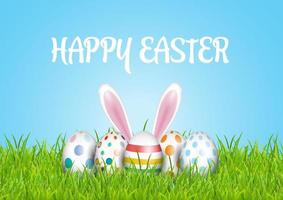 easter background with eggs in grass and bunny ears vector