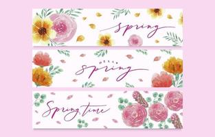 banner de acuarela hola primavera con flores y follajes vector