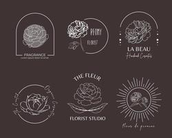 Hand-drawn linear peony logo collection vector