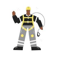 Black worker in safety harness ready to work at height vector