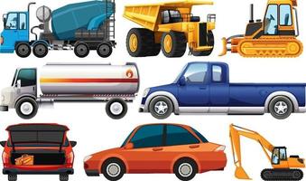 Set of different kind of cars and trucks isolated on white background vector