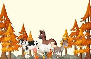 Farm animals group in autumn forest scene vector