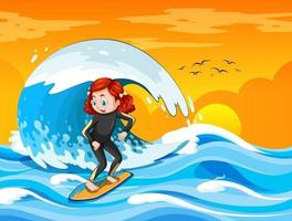 gran ola en la escena del océano con una niña de pie sobre una tabla de surf vector