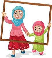 Happy mother and daughter holding photo frame vector