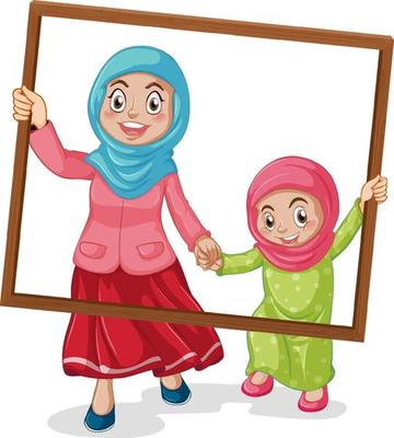 Happy mother and daughter holding photo frame