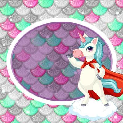 Oval frame template on colourful fish scales background with cute unicorn cartoon character