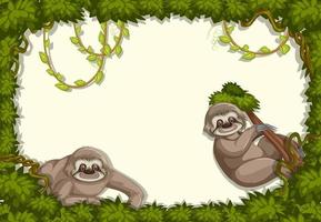 Empty banner with tropical leaves frame and sloth cartoon character vector