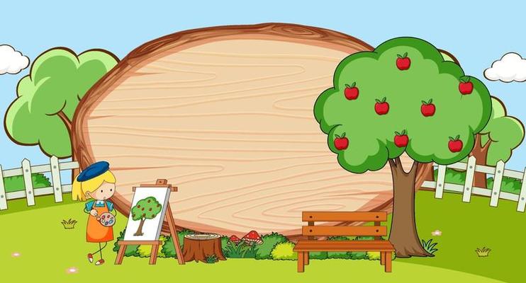 Park scene with blank wooden board in oval shape with kids doodle cartoon character