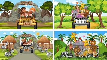 Four different zoo scenes with kids and animals vector