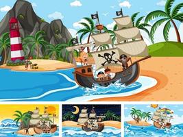 Set of different beach scenes with pirate ship and pirate cartoon character vector