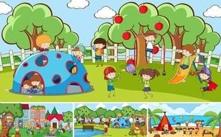 Outdoor scenes set with many kids doodle cartoon character vector