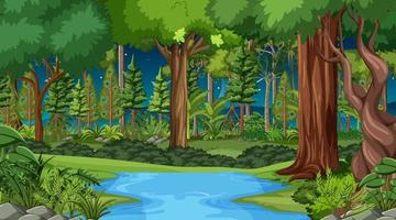 Forest landscape scene at night with many different trees vector