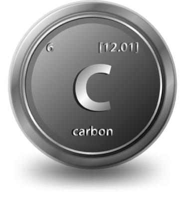 Carbon chemical element. Chemical symbol with atomic number and atomic mass.
