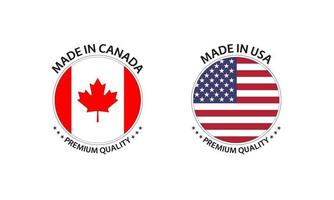 juego de dos pegatinas de Canadá y Estados Unidos de América. fabricado en canadá y fabricado en estados unidos. iconos simples con banderas aisladas sobre un fondo blanco vector