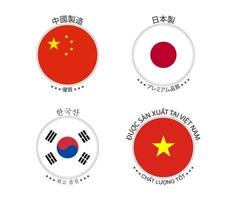 juego de cuatro pegatinas chinas, japonesas, coreanas y vietnamitas. fabricado en china, fabricado en japón, fabricado en corea del sur y fabricado en vietnam. iconos simples con banderas aisladas sobre un fondo blanco vector