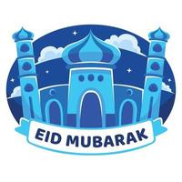 Eid mubarak greeting with mosque flat design style vector