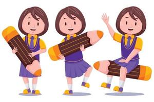 Cute School Girl With Pencil Set vector