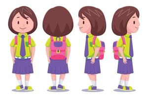 Cute School Girl carrying a Backpack set vector