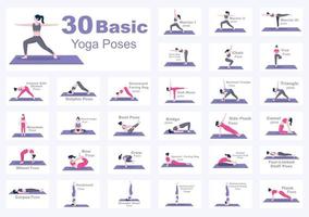 30 poses de yoga y ejercicios de fitness ilustración. vector