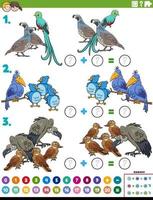 Tarea educativa de adición matemática con personajes de pájaros. vector