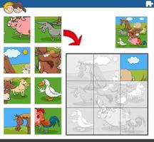 jigsaw puzzle game with funny farm animal characters vector