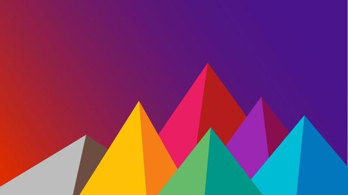 Flat multi-colored mountains at dawn. A gradient sky, each mountain painted in a different tone.
